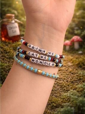 Alice in Wonderland Bracelet Set • “Drink Me Eat Me Wonder” • Blue Gold Beaded